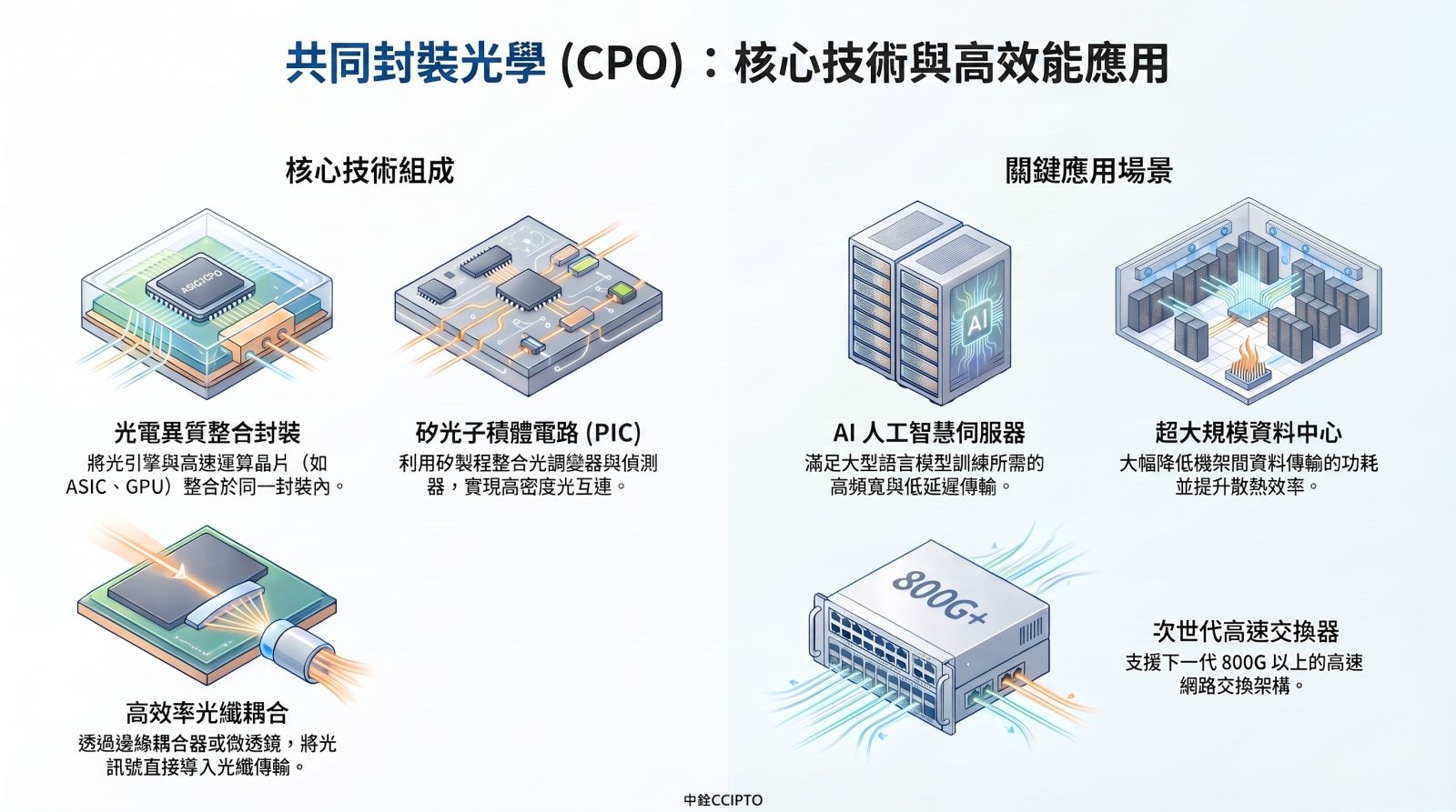 共同封裝光學技術及應用概述示意圖